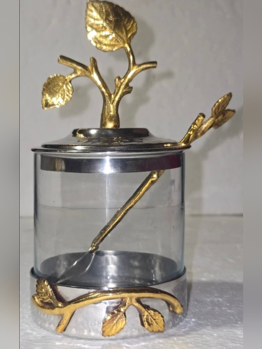 Godinger 94981 Silver with Gold Leaves Decorative Jam Jar With Spoon